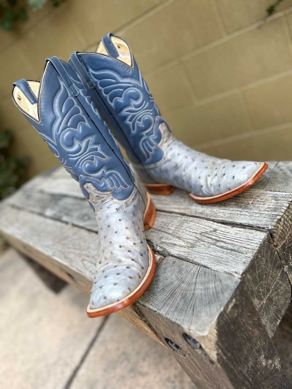 Handmade Gray Ostrich & Blue Square Toe Cowboy Boots Size 10D - Picture 11 of 15